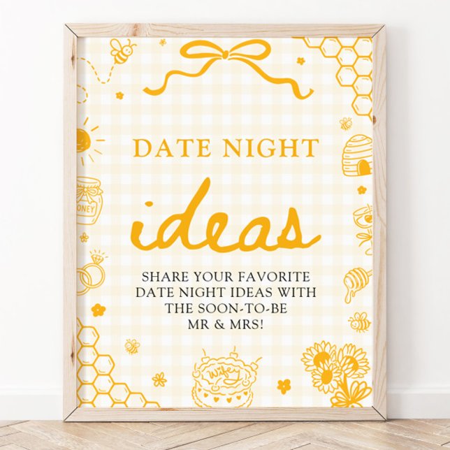 Moderne gelbe Gingham-Honigbiene Date Night Ideen Poster (Modern Yellow Gingham Honey Bee Date Night Ideas Game Sign)
