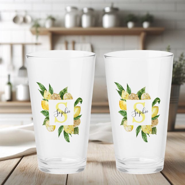 Moderne gelbe Lemonen Rahmen & Blätter mit Namen Glas (Von Creator hochgeladen)