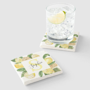 Moderne gelbe Lemonen Rahmen & Blätter mit Namen Steinuntersetzer