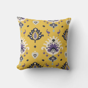 Moderne, gelbe lila Ikat-Stammmuster Kissen