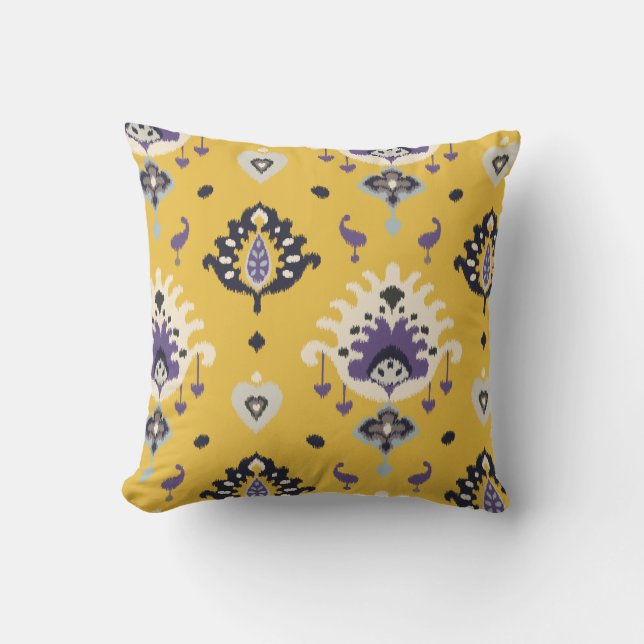 Moderne, gelbe lila Ikat-Stammmuster Kissen (Vorderseite)