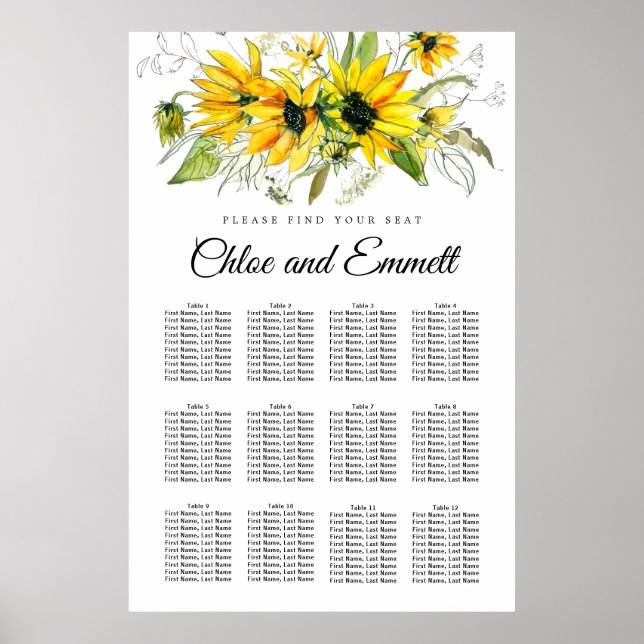 Moderne gelbe Sonnenblume 12-Tisch-Sitzkarte Poster (Vorne)
