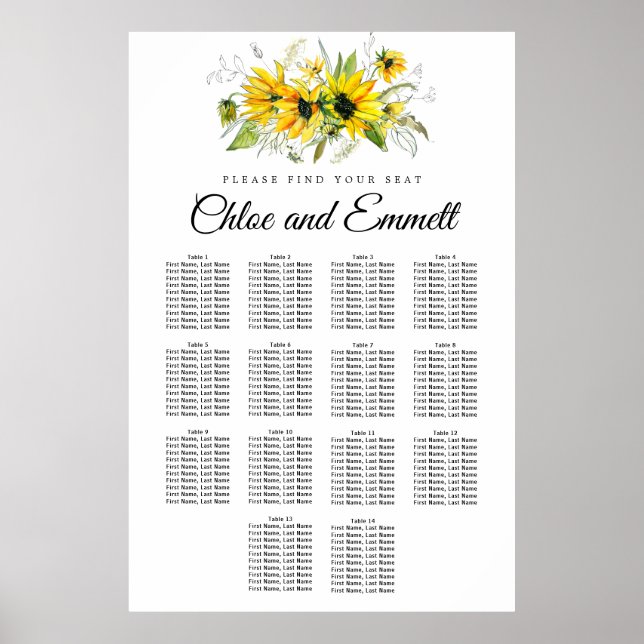 Moderne gelbe Sonnenblume 14-Tisch-Sitzkarte Poster (Vorne)