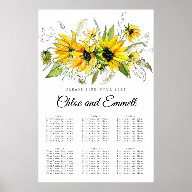 Moderne gelbe Sonnenblume 6-Tisch-Sitzkarte Poster (Vorne)