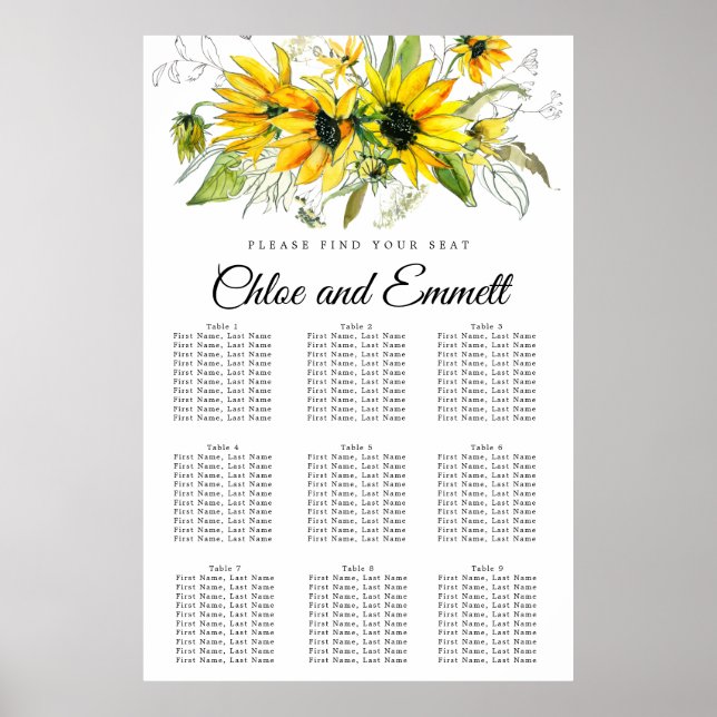 Moderne gelbe Sonnenblume 9-Tisch-Sitzkarte Poster (Vorne)