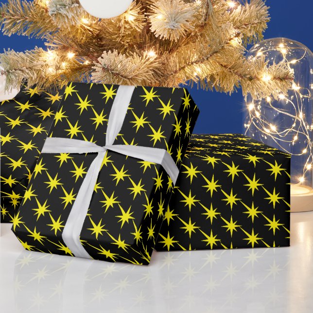 Moderne gelbe Sterne aus schwarzer Sternexplosion  Geschenkpapier (Feiertage)