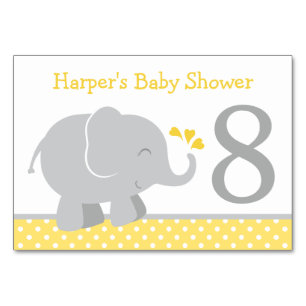Moderne gelbe und graue Elefanten-Baby-Party Tischnummer