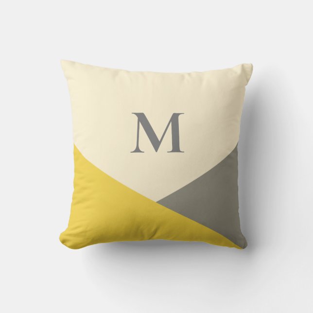 Moderne, gelbe und graue geometrische Monogrammwur Kissen (Vorderseite)