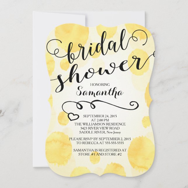 Moderne gelbe Wasserfarben Bridal Dusche Einladung (Vorderseite)