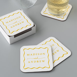 Moderne gelbe Wavy-Rahmen-Hochzeit Rechteckiger Pappuntersetzer