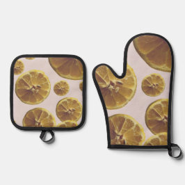 Moderne gelbe Zitronen, frische Fruchtringe Ofenhandschuh & Topflappen-Set