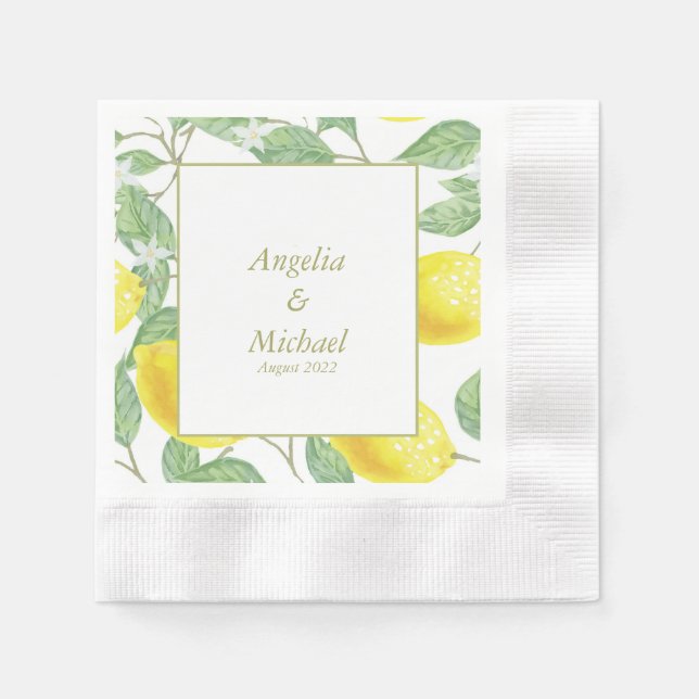 Moderne Gelbe Zitronen Grüne Blätter Hochzeit Serviette (Vorderseite)