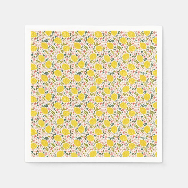 Moderne Gelbe Zitronen mit rosa, floralen Farbtöne Serviette (Vorderseite)
