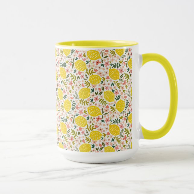 Moderne Gelbe Zitronen mit rosa, floralen Farbtöne Tasse (Rechts)