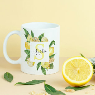 Moderne gelbe Zitronen Rahmen & Blätter mit Namen Kaffeetasse