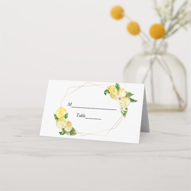 Moderne Gelbe Zitronen und Gold Rahmen Beauty Platzkarte (Vorderseite)