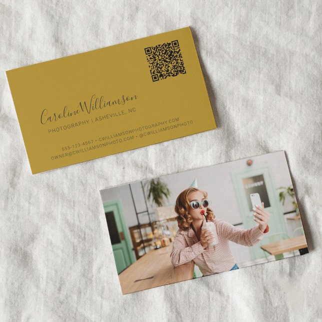 Moderne gelbgraue Schriftfoto-QR-Code benutzerdefi Visitenkarte (Von Creator hochgeladen)