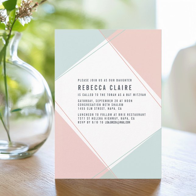 Moderne Gem Coral und Mint Bat Mitzvah Einladung (Von Creator hochgeladen)