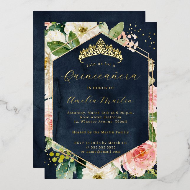 Moderne Geo Blush Navy Blumenquinceanera Folieneinladung (Vorderseite/Rückseite)