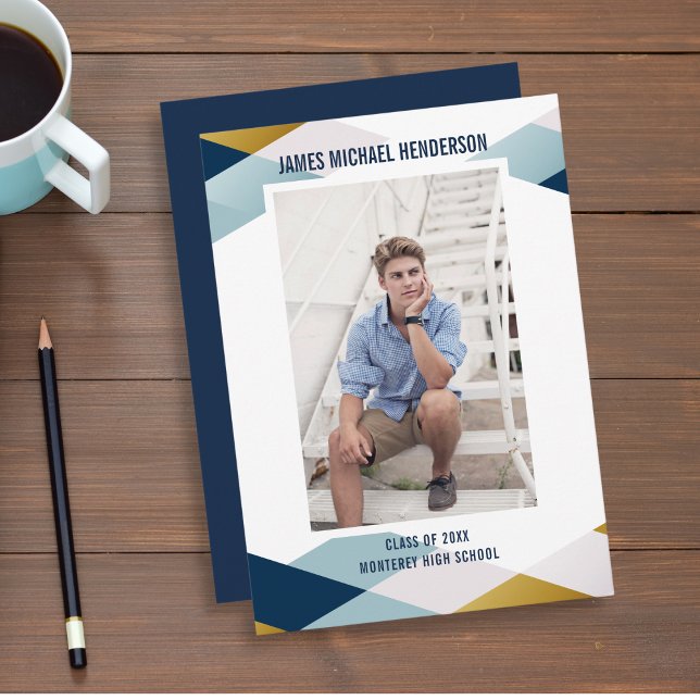 Moderne Geometric Blue Grad Foto Graduation Party Einladung (Von Creator hochgeladen)