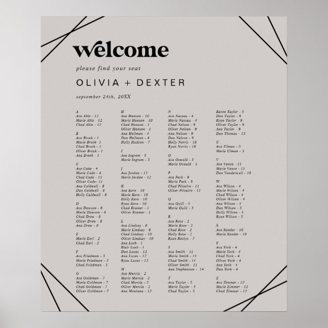 Moderne Geometrie | Grau-Alphabetische Sitztabelle Poster (Vorne)
