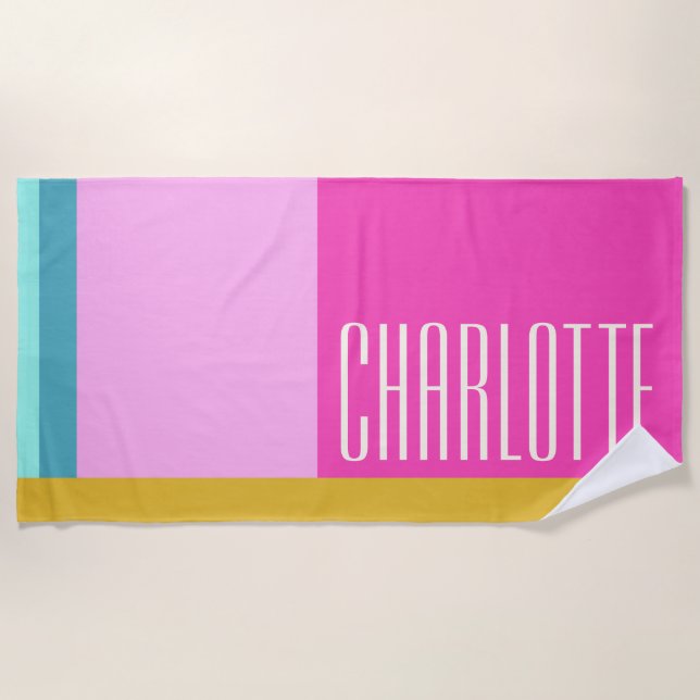 Moderne Geometrie Personalisiert Blau Rosa Gelb Strandtuch (Vorderseite)