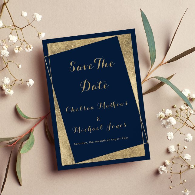 Moderne geometrisch-blaue Imitate Gold Save the Da Save The Date (Modern geometric navy blue faux gold Save The Date )