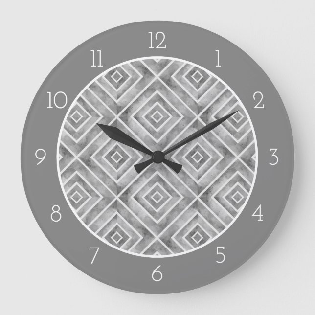 Moderne geometrisch graue Aquarellkacheln und Rand Große Wanduhr (Vorderseite)