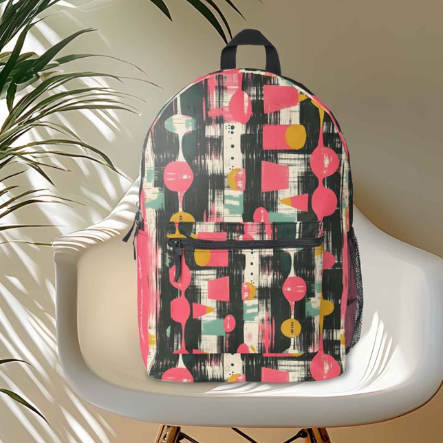 Moderne geometrische Abstraktion des Mittelalters Bedruckter Rucksack (Striking mid-century modern pattern featuring abstract geometric shapes.)