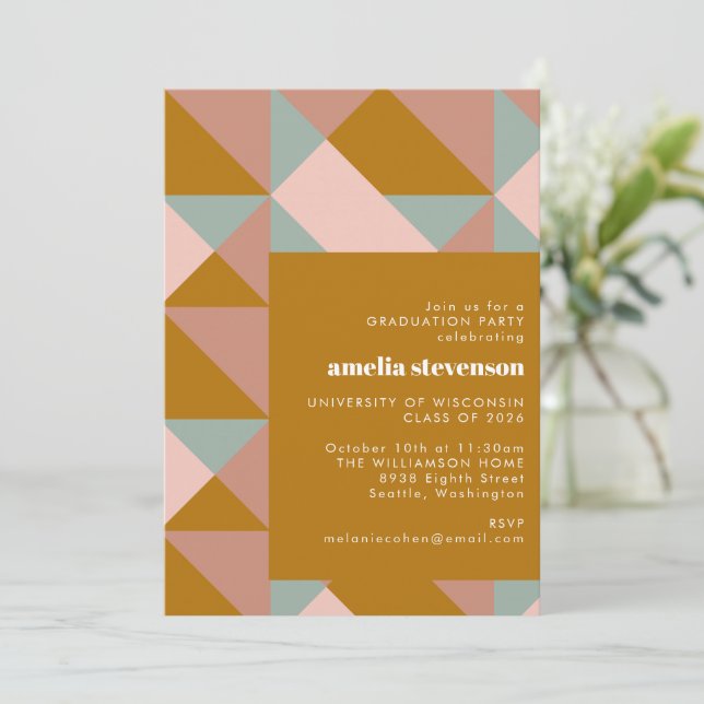 Moderne geometrische Aquamarin-Blush-Gold-Graduier Einladung (Stehend Vorderseite)