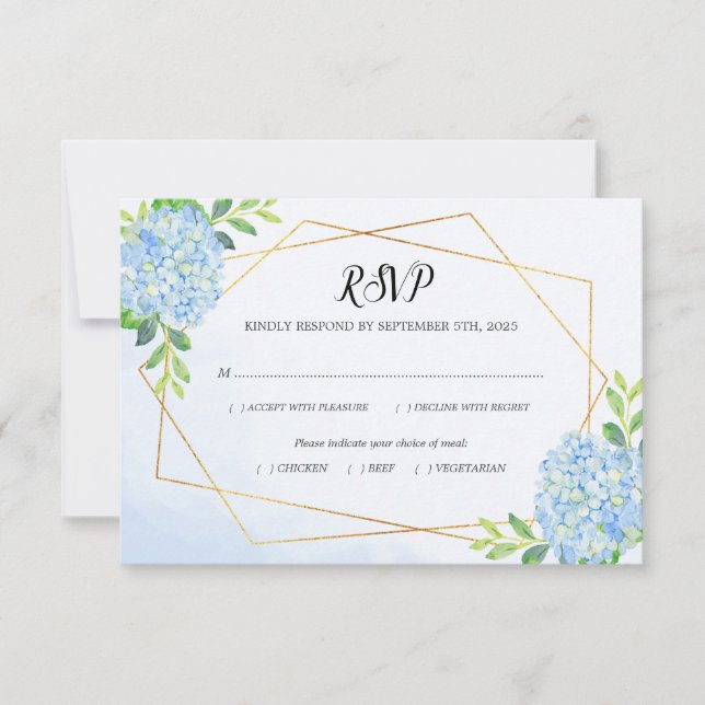 Moderne geometrische Blaue Hydrangea Hochzeit RSVP Karte (Vorderseite)