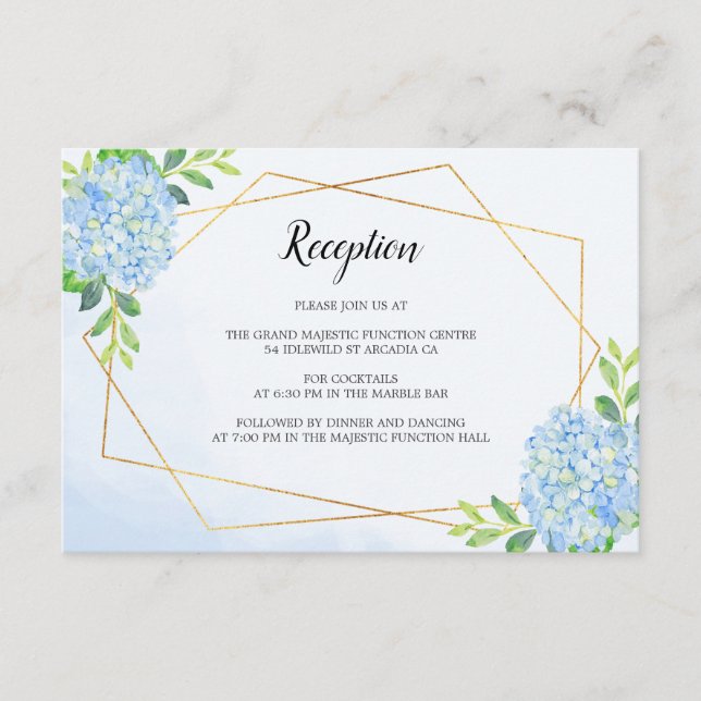 Moderne geometrische Blaue Hydrangea Hochzeitsempf Begleitkarte (Vorderseite)