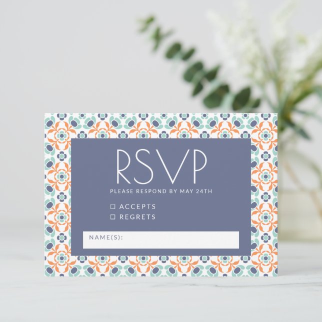 Moderne geometrische Botanische Blaue Orangenhochz RSVP Karte (Stehend Vorderseite)