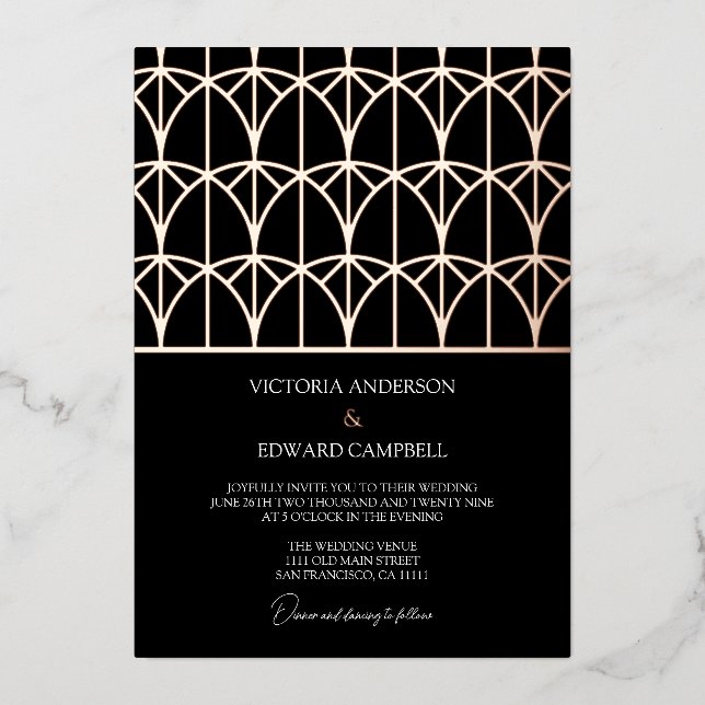 Moderne geometrische Deko Schwarz Real Rose Gold W Folieneinladung (Vorderseite)