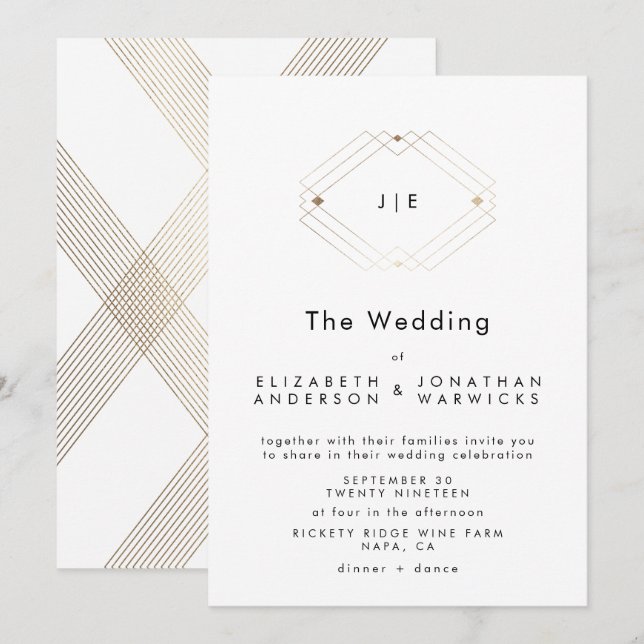 Moderne geometrische Doppelmonogramm-Hochzeit Einladung (Vorne/Hinten)