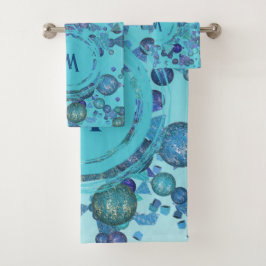 Moderne geometrische Formen mit Monogramm in blau Badhandtuch Set