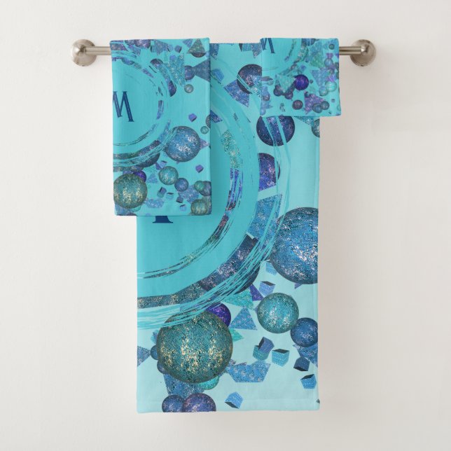 Moderne geometrische Formen mit Monogramm in blau Badhandtuch Set (Insitu)