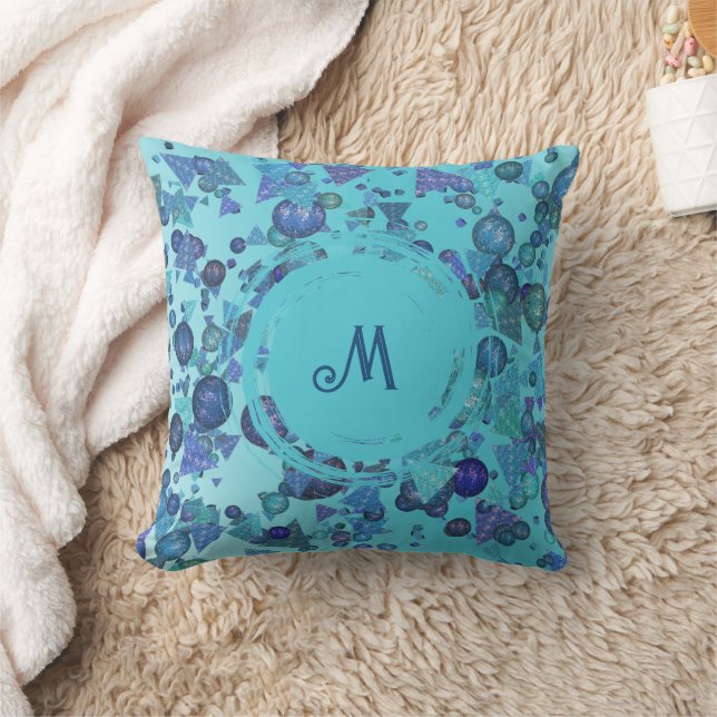 Moderne geometrische Formen mit Monogramm in blau Kissen (Decke)