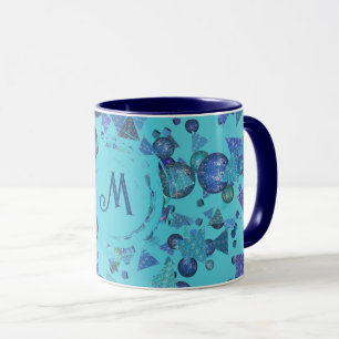 Moderne geometrische Formen mit Monogramm in blau Tasse