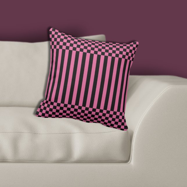 Moderne geometrische Formen, rosa und schwarze Str Kissen (Modern Geometric Pink & Black Stripes & Checker Throw Pillow Living Room)