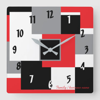 Moderne geometrische Formen Rot Schwarz-weiß Quadratische Wanduhr