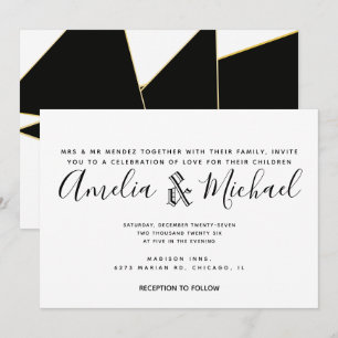 Moderne geometrische Gold-Schwarz-Weiße Hochzeit Einladung
