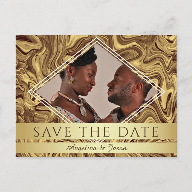 Moderne geometrische Goldhochzeit spart das Foto D Ankündigungspostkarte (Vorderseite)