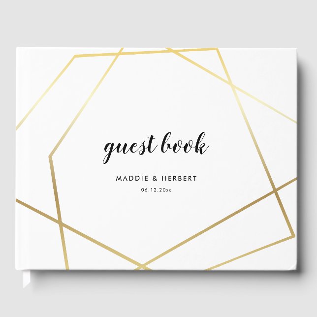 Moderne geometrische Goldrahmen-Hochzeit Gästebuch (Vorderseite)