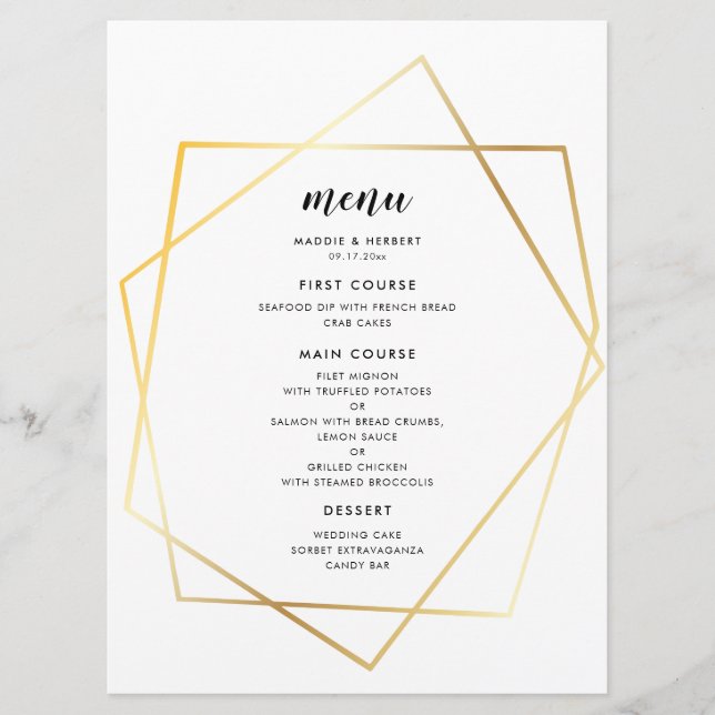 Moderne geometrische Goldrahmen-Hochzeit Menükarte (Vorderseite)