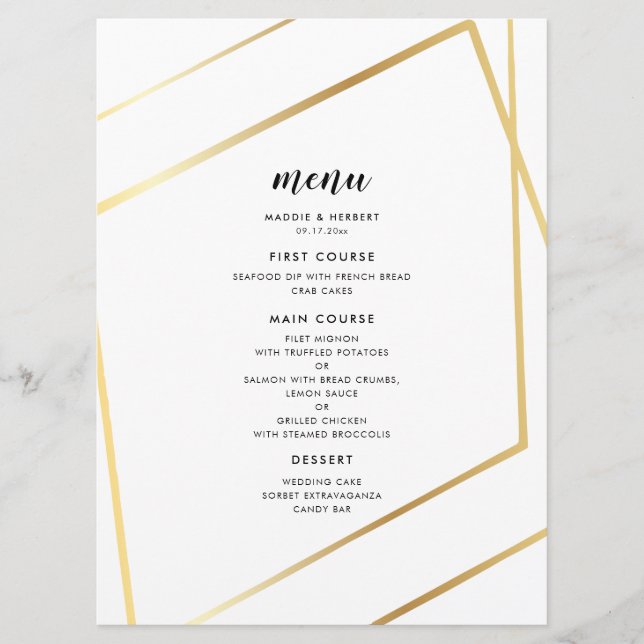 Moderne geometrische Goldrahmen-Hochzeit Menükarte (Vorderseite)