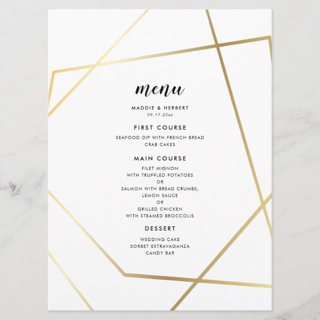 Moderne geometrische Goldrahmen-Hochzeit Menükarte (Vorderseite)