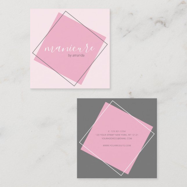 Moderne geometrische Grau- und Rosa Maniküre Quadratische Visitenkarte (Vorne/Hinten)