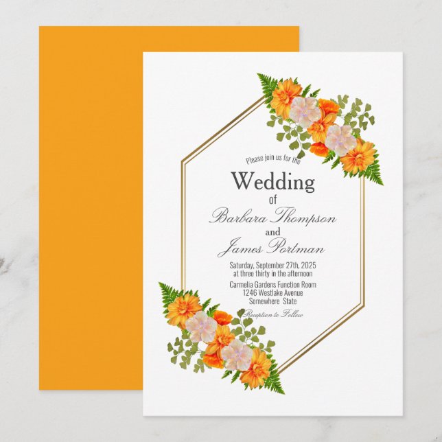 Moderne geometrische Hochzeit in Orange Blues Einladung (Vorne/Hinten)