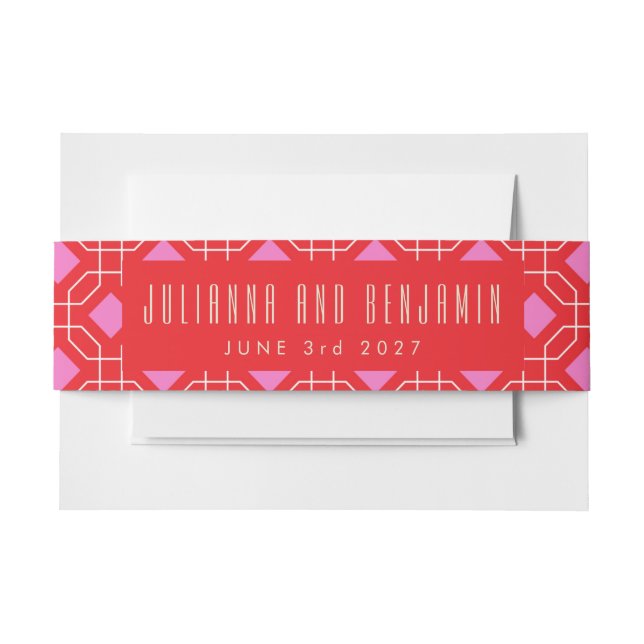 Moderne geometrische Hochzeit in Rot und Rosa Einladungsbanderole (Vorderseite Beispiel)